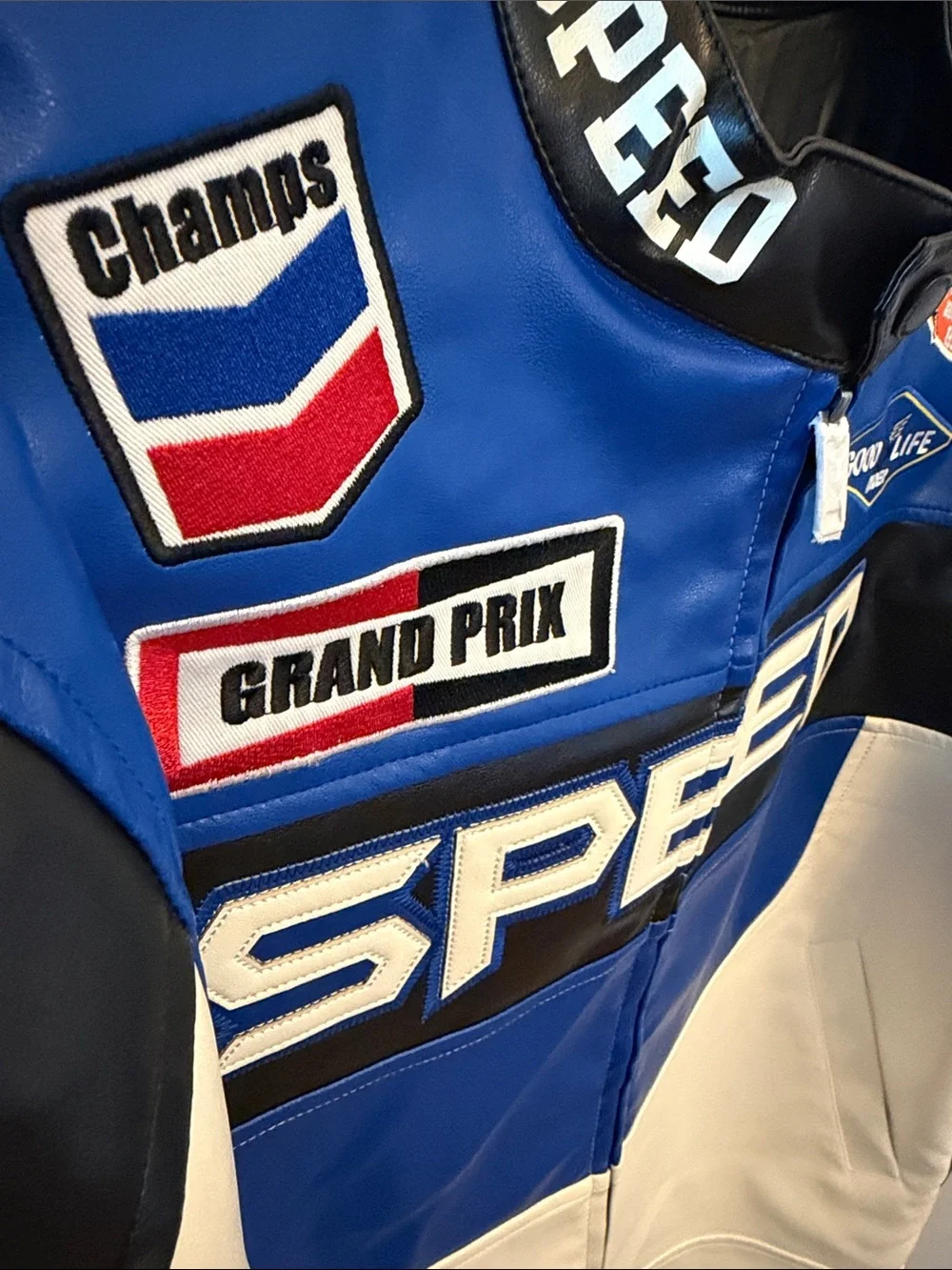 Adult Goodlife Blue White Black Racing 'SPEED' Leather Jacket